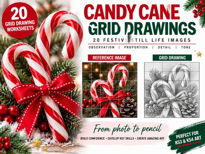 Candy Cane Grid Drawing Worksheets | 20 Christmas Art Activities | KS3 & KS4