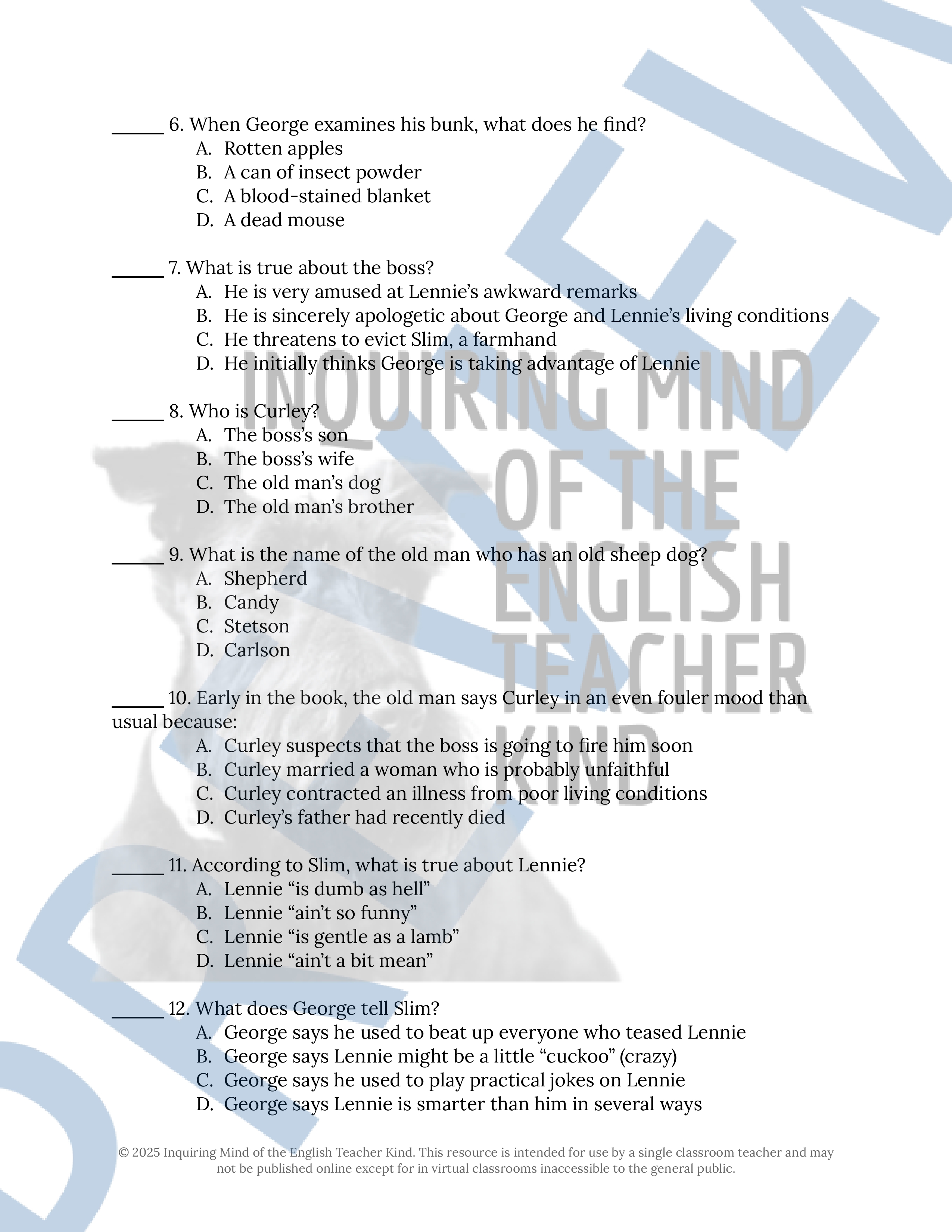 Of Mice and Men by John Steinbeck Test, Answer Key, and Study Guide ...