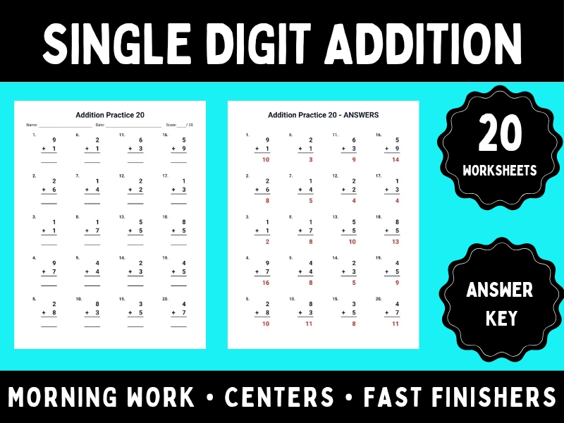 Single Digit Addition Worksheets | No-Prep Math Practice