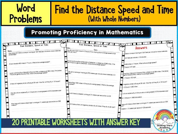 Find Distance, Time, or Speed in Each Problem with Whole Numbers – Worksheets & Practice Activities