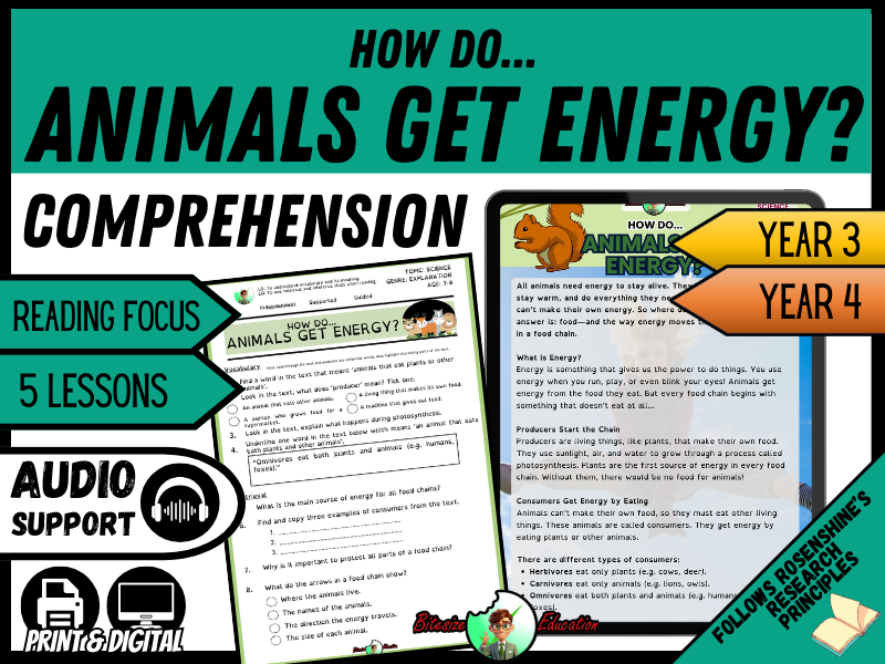 How Animals Get Energy | Reading Comprehension | Year 3 and 4