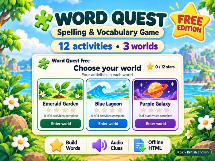 Free KS2 Spelling & Vocabulary Game – Word Quest | Offline HTML