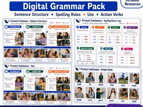 Present Progressive - Use, Sentence Structure, Spelling rules & Vocabulary words