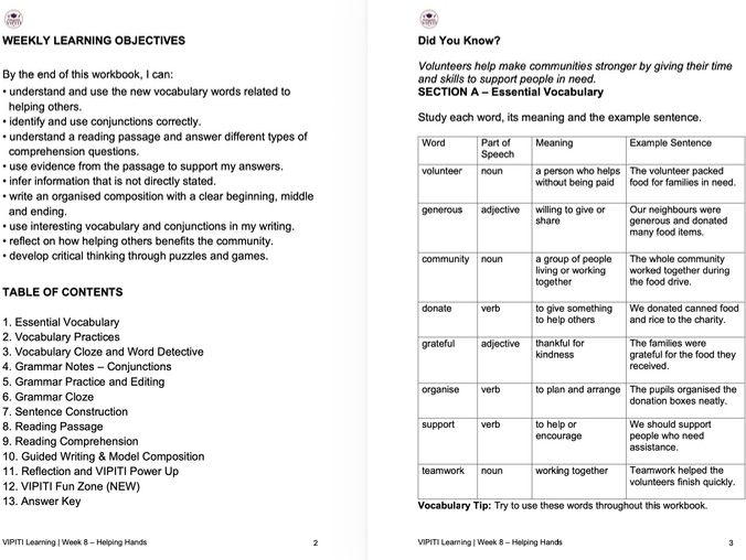 VIPITI Primary 4 English Workbook | Helping Hands | Conjunctions | Printable Worksheets | EAL | Week
