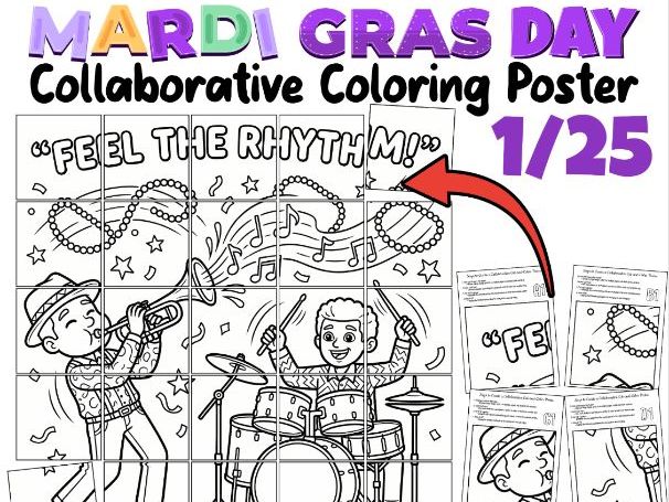 Mardi Gras Day Collaborative Coloring Poster | Music & Beads