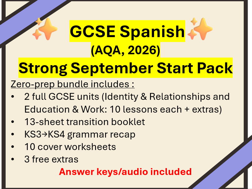AQA GCSE Spanish Strong September Start Pack: KS4 Units 1 & 2 + transition+ extras