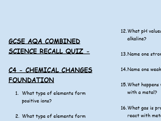 GCSE Chemistry C4 Chemical Changes – 30 Foundation Retrieval Questions | AQA + Full Answers