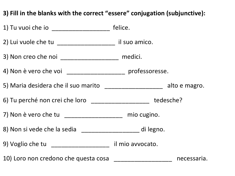ESSERE Subjunctive Conjugation Worksheets