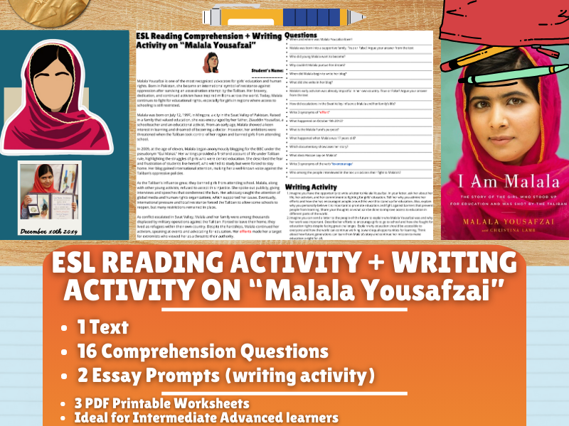 ESL Reading Comprehension + Writing Activity Worksheets on "Malala Yousafzai"