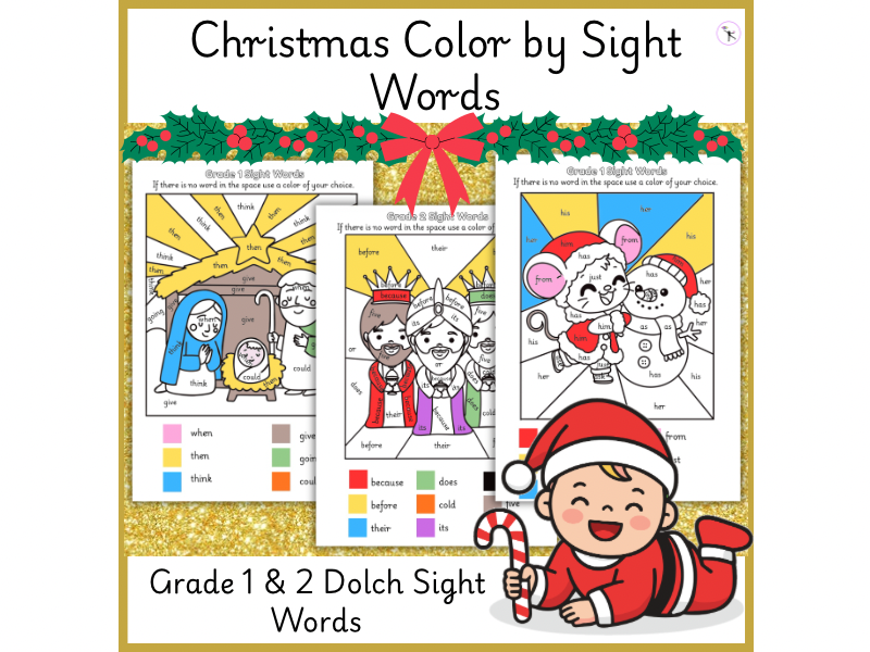 Christmas Color by Sight Words Dolch Sight Words Grade 1 & Grade 2 worksheets