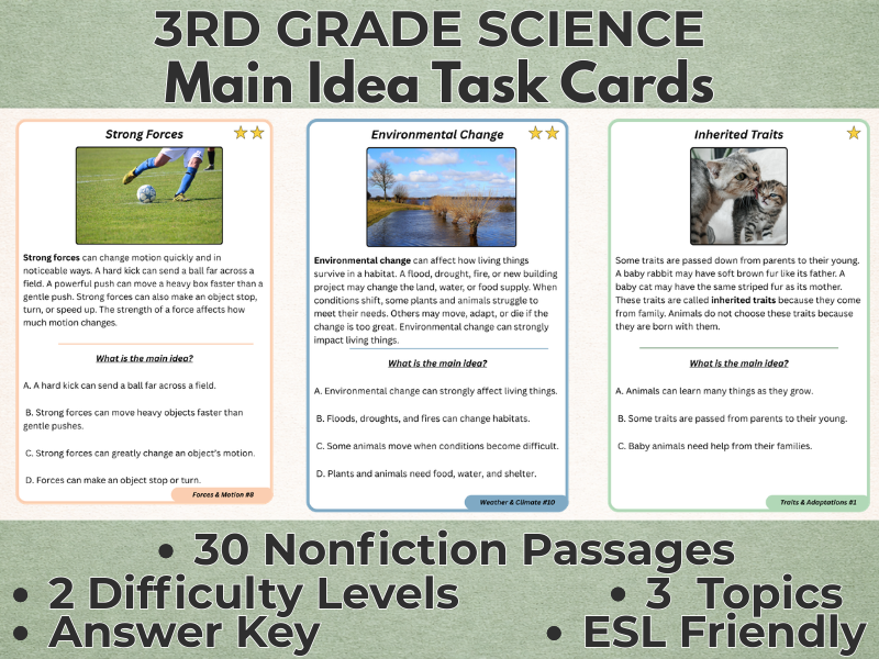Main Idea Science Task Cards 3rd Grade | Nonfiction Reading Passages with Multiple Choice