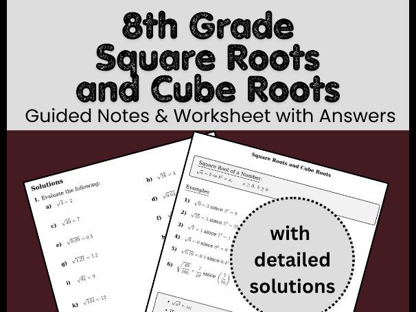 8th Grade Square Roots and Cube Roots Guided Notes & Worksheet with Answers