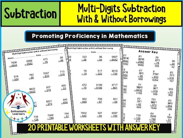 Multi-Digit Subtraction Worksheets (With and Without Borrowing) – Practice Activity