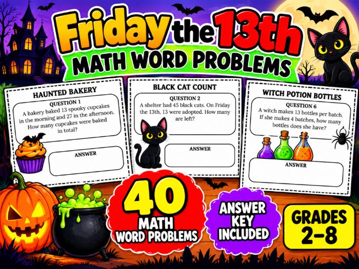 Friday the 13th Math Word Problems | 40 Printable Worksheets with Answer Key