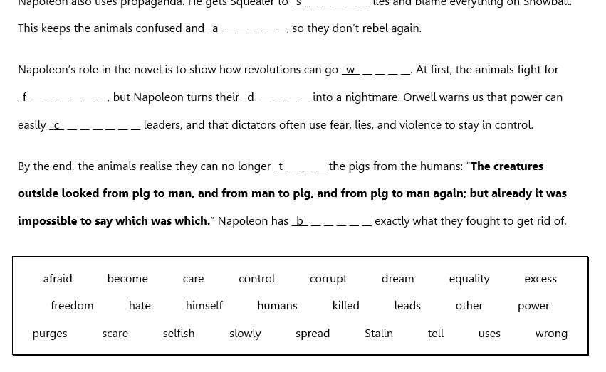 Animal Farm: Napoleon character analysis cloze, differentiated x4 ...