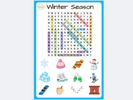 Winter Season Vocabulary Poster Worksheets and Wordsearch activity for ELLs