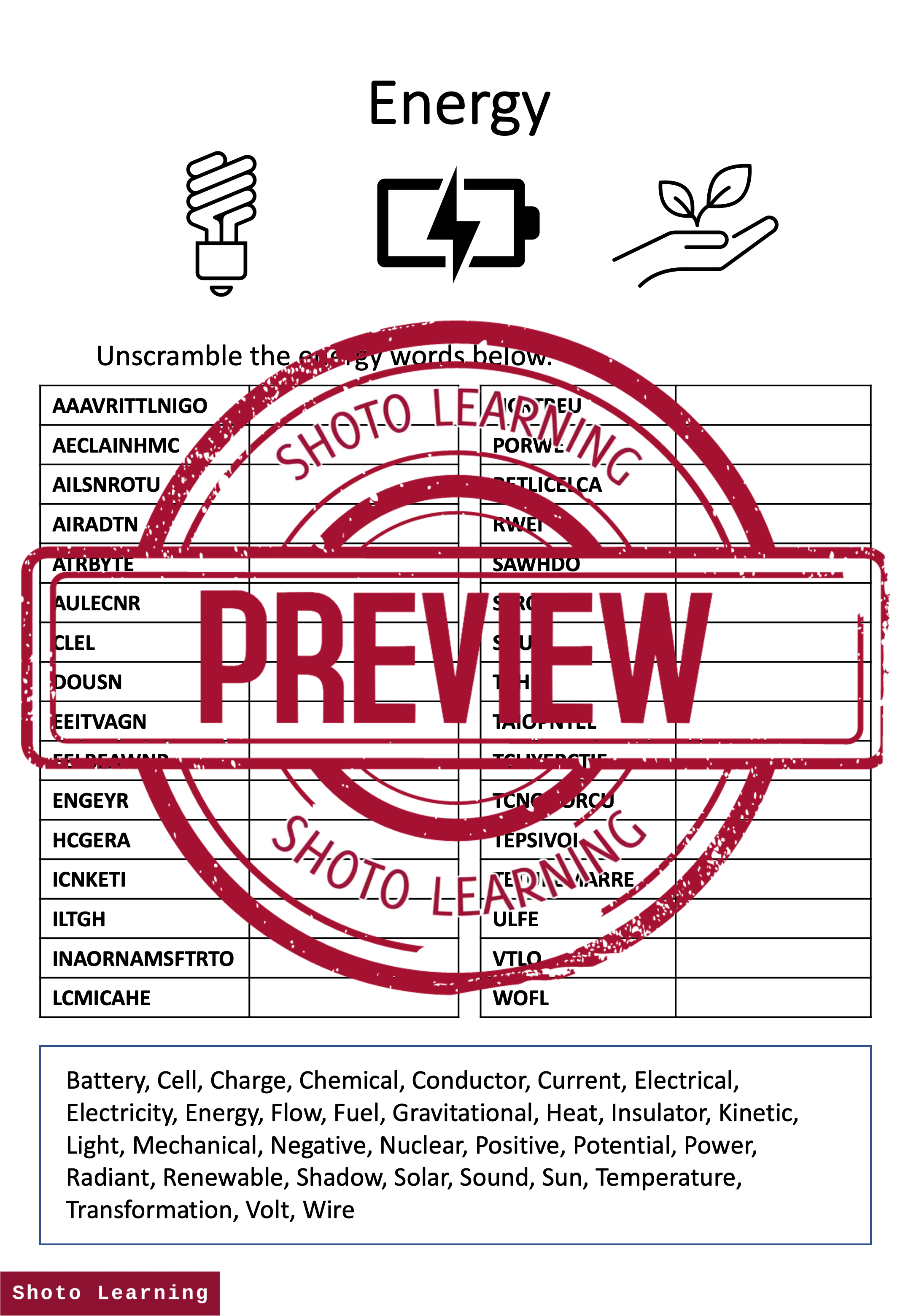 ENERGY SCIENCE ACTIVITY SCRAMBLE WORDS UNSCRAMBLE VOCABULARY WORKSHEET