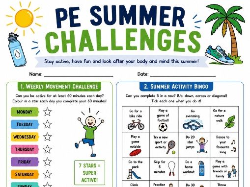PE Summer Challenges Worksheet | Summer Holiday Activity Pack | Physical Education Printable | KS1/2