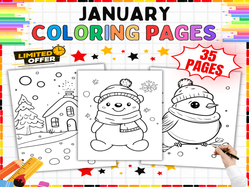 January Coloring Pages | Winter Snowman Snowy Scenes Art Activity Worksheets | Fine Motor Skills