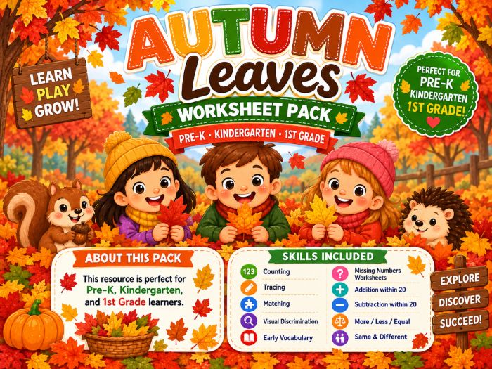 Autumn Leaves Worksheets for Pre-K to 1st Grade | Fall Math Counting Tracing Activities