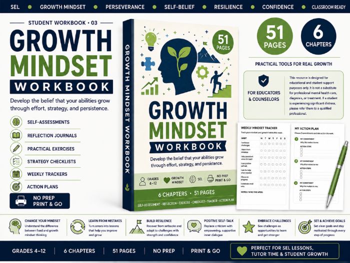 Growth Mindset Workbook for Students | SEL, Resilience & Study Skills Activities