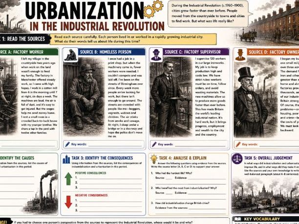 KS3: Industrial Revolution - Causes of Urbanization Worksheet
