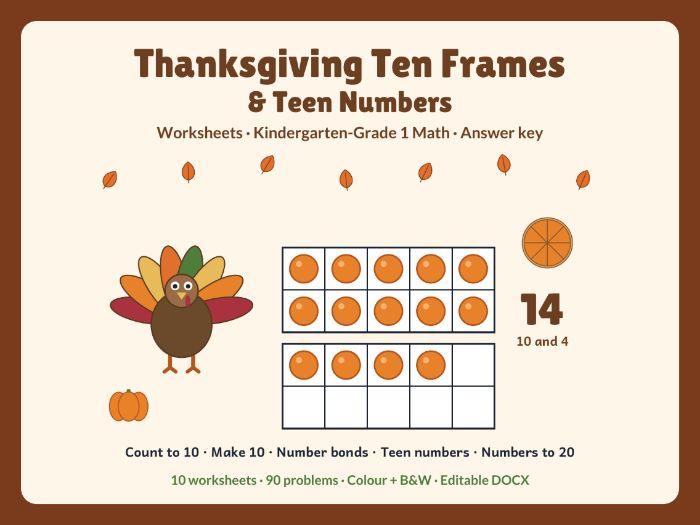 Thanksgiving ten frames & teen numbers worksheets K-1 math