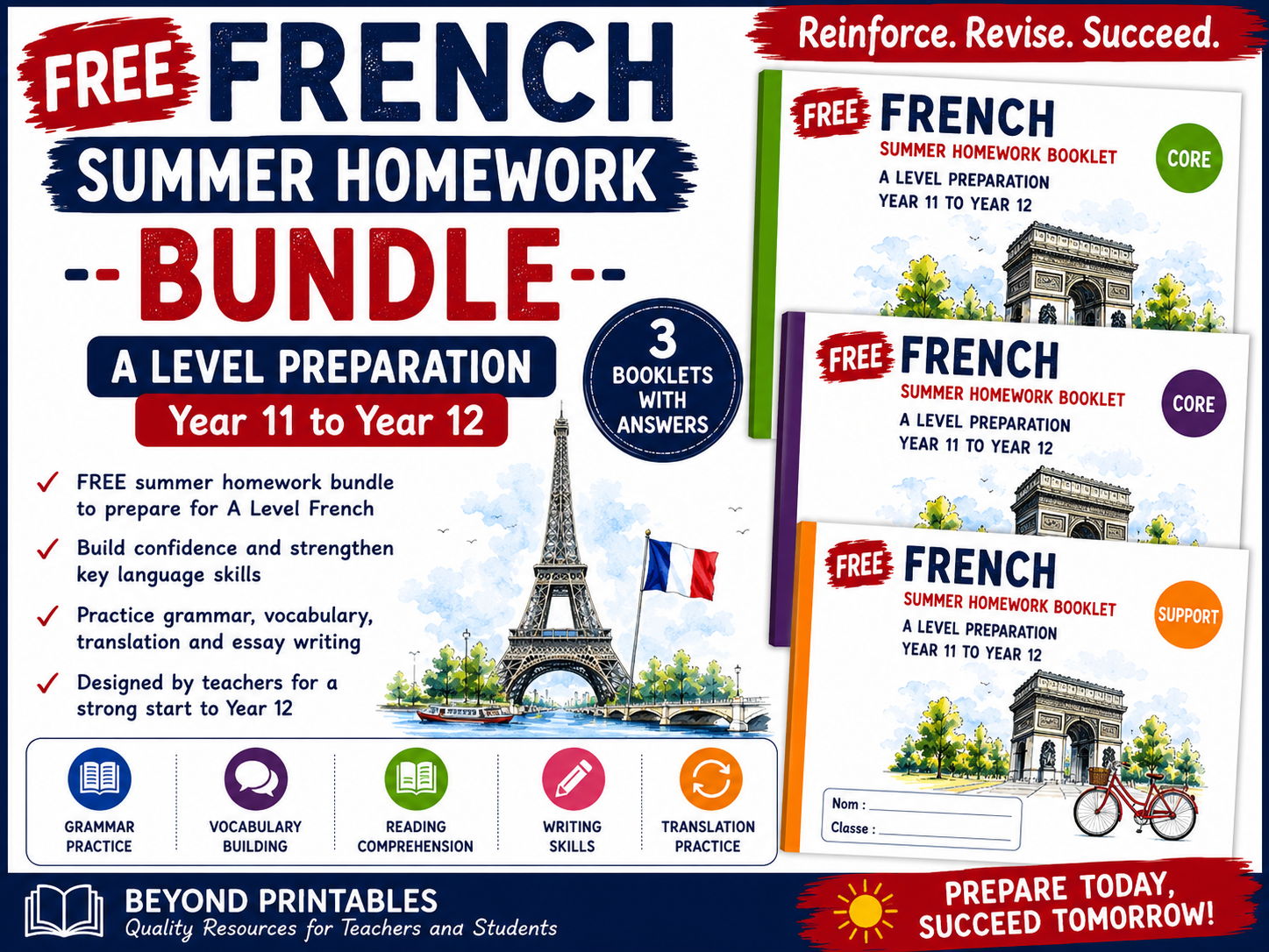 French Summer Homework A Level Preparation Year 11 to Year 12 Complete Bundle | Support, Core & Challenge