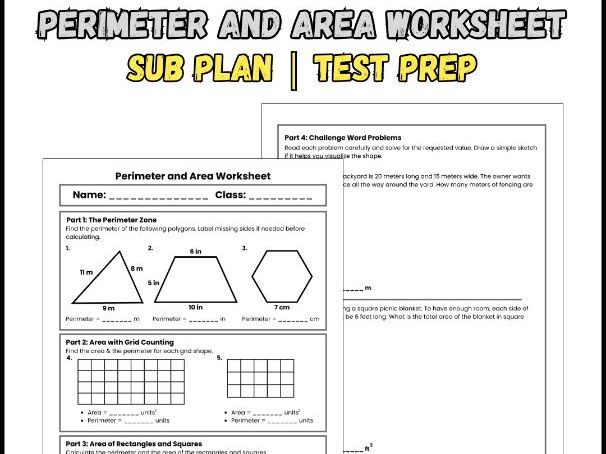 Perimeter and Area Quiz Geometry Worksheets / Measurement | Sub Plan | Test Prep 3rd grade 4th grade