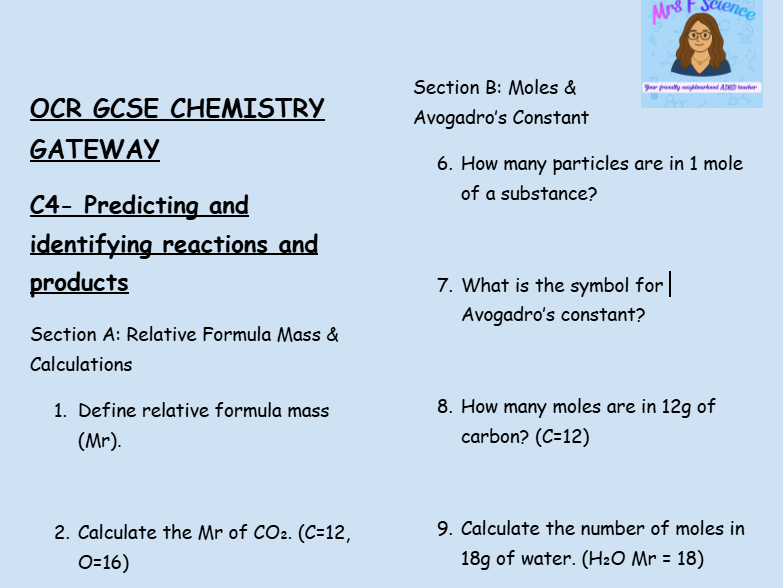 OCR GCSE Chemistry C4 Retrieval Practice: Low-Stakes Questions on Moles, Yield, and Reacting Masses