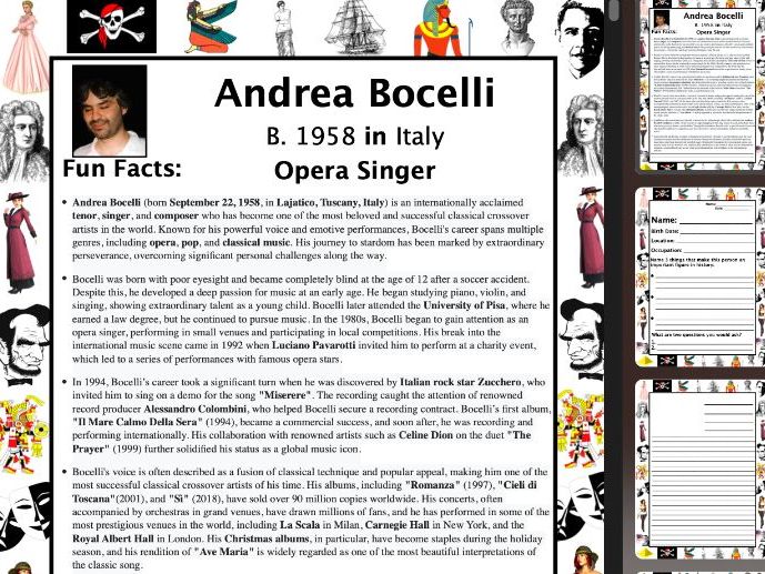 Andrea Bocelli PACKET & ACTIVITIES, Important Historical Figures Series