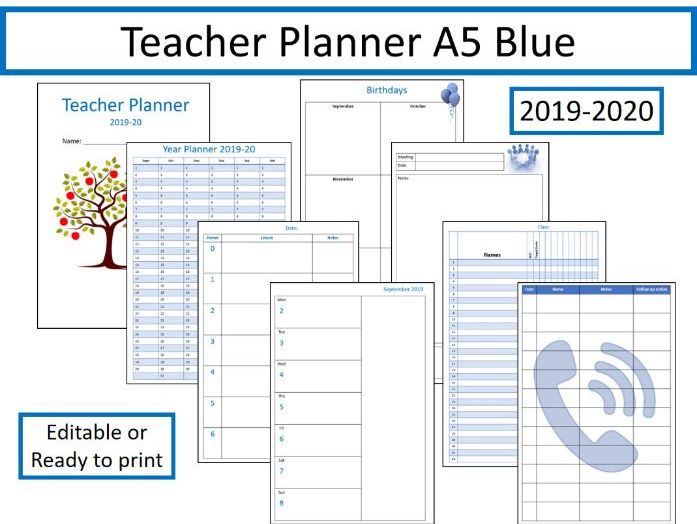 teacher planner 2019 2020 fully editable a5 blue version 2020 planner printable