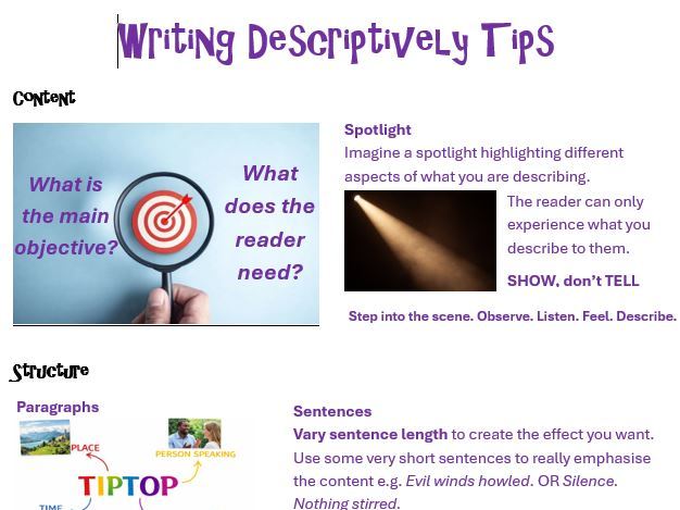 Descriptive Writing Reminders Page and Pupil Checklist