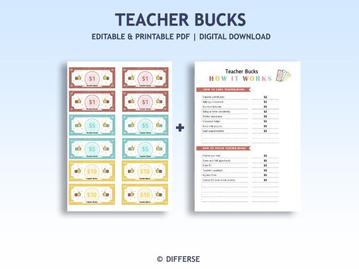 Editable Teacher Reward Money | Behavior Bucks | Reward System | Motivation Play Money