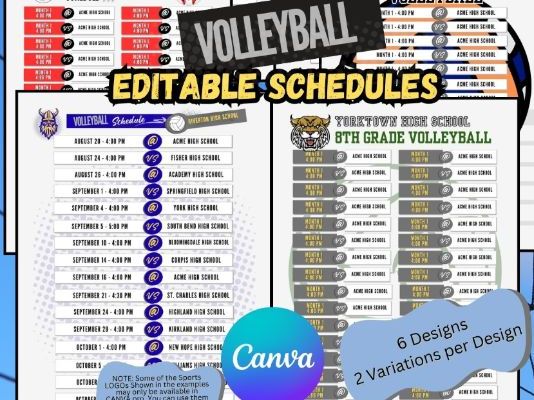 Editable Volleyball Schedule Template | 6 Designs, 2 Variations per Design | Customizable in Canva |