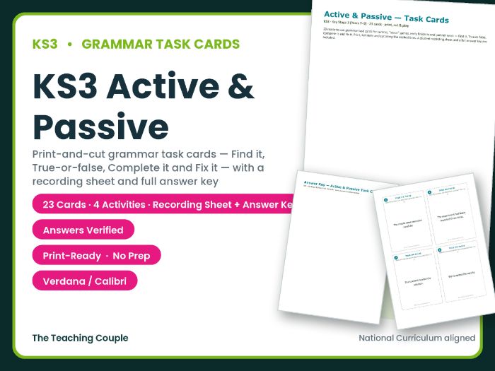 KS3 Active & Passive Task Cards – 23 Grammar Cards + Answer Key