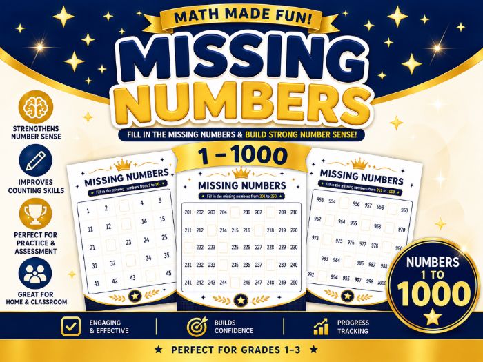 Missing Numbers 1-1000 Worksheets | Number Sequencing & Number Sense Kindergarten to 3rd Grade Desc