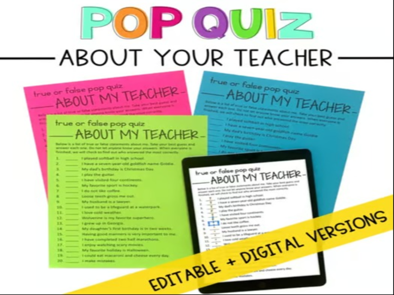 Pop Quiz About Your Teacher: An Editable First Day of School Activity