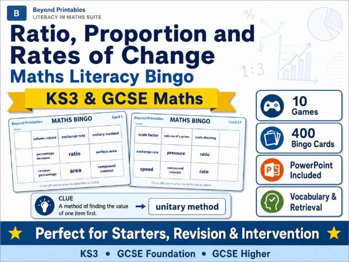 Ratio, Proportion and Rates of Change Maths Literacy Bingo | KS3 & GCSE | 10 Games