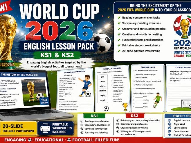 World Cup 2026 English Lesson Pack KS1 & KS2 Reading, Writing, Vocabulary & Grammar