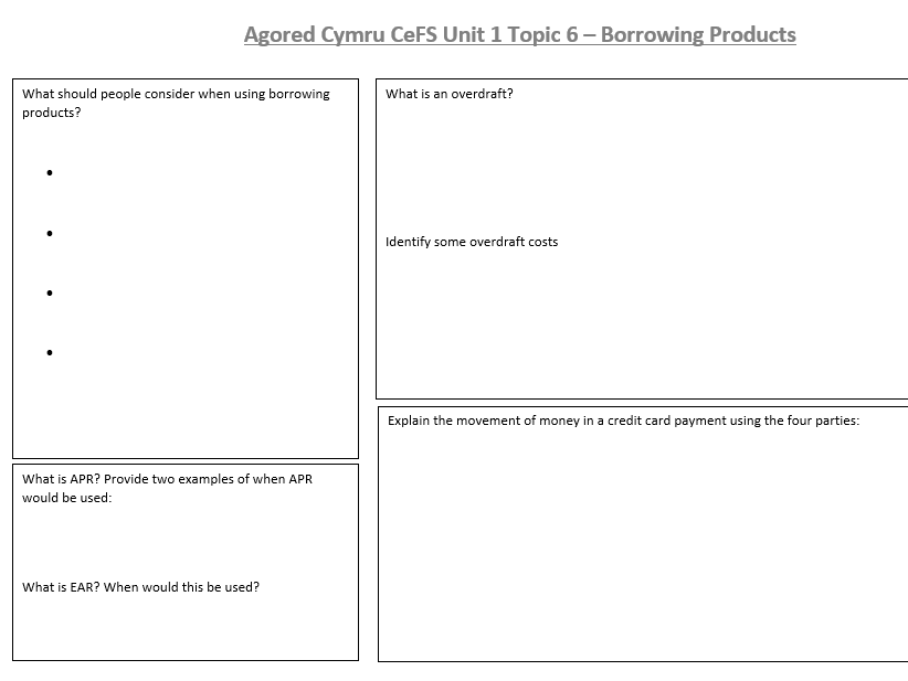 Agored Cymru CeFS Unit 1 Topic 6 Task Sheet - Borrowing Products