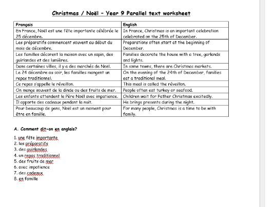 Christmas in France/ Noel en France parallel text worksheets Y7,8,9,GCSE