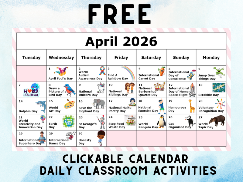Interactive April 2026 Classroom Calendar – Daily Activities