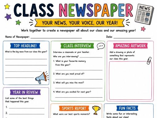 KS2 Class Newspaper Worksheet End of Year Printable Reflection and Writing Activity
