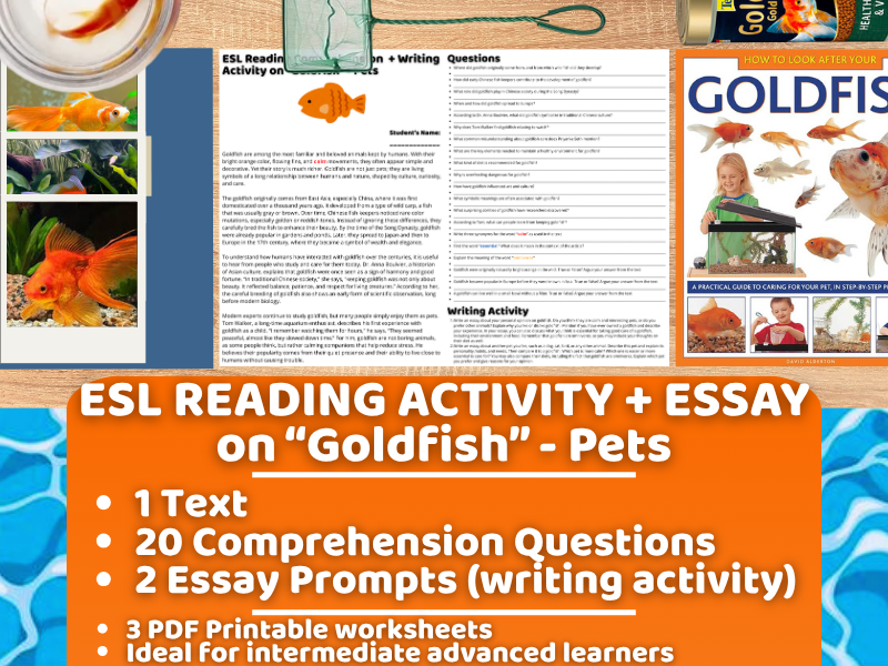 ESL Reading Comprehension + Writing Activity Worksheets - Goldfish - Pets