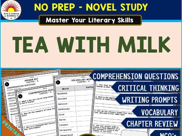 TEA WITH MILK Novel Study Comprehension, Critical Thinking, Vocab, MCQs, True or False, Writing Pro