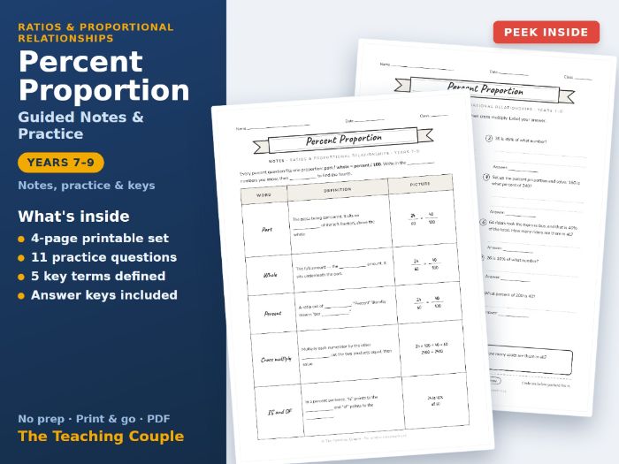 Percent Proportion Guided Notes & Practice | Years 7-9