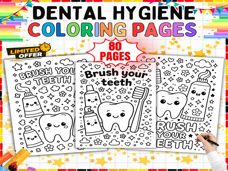 Tooth Brushing Coloring Pages | 80 Page Coloring Sheets | Teeth Brushes and Smiles