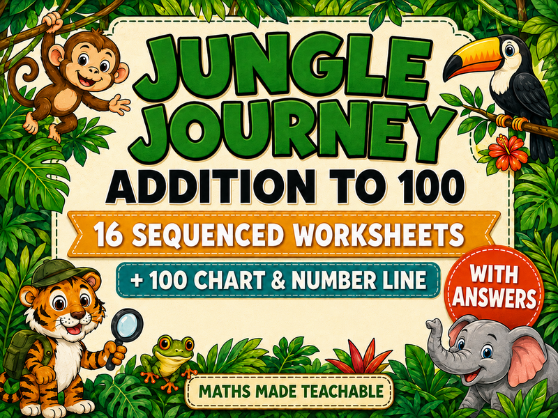 Addition to 100 Worksheets, Jungle Theme