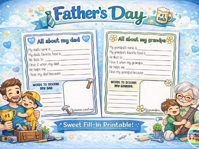 Father's Day worksheet poster gift - USA and UK versions - dad, father, grandad, grandpa, uncle